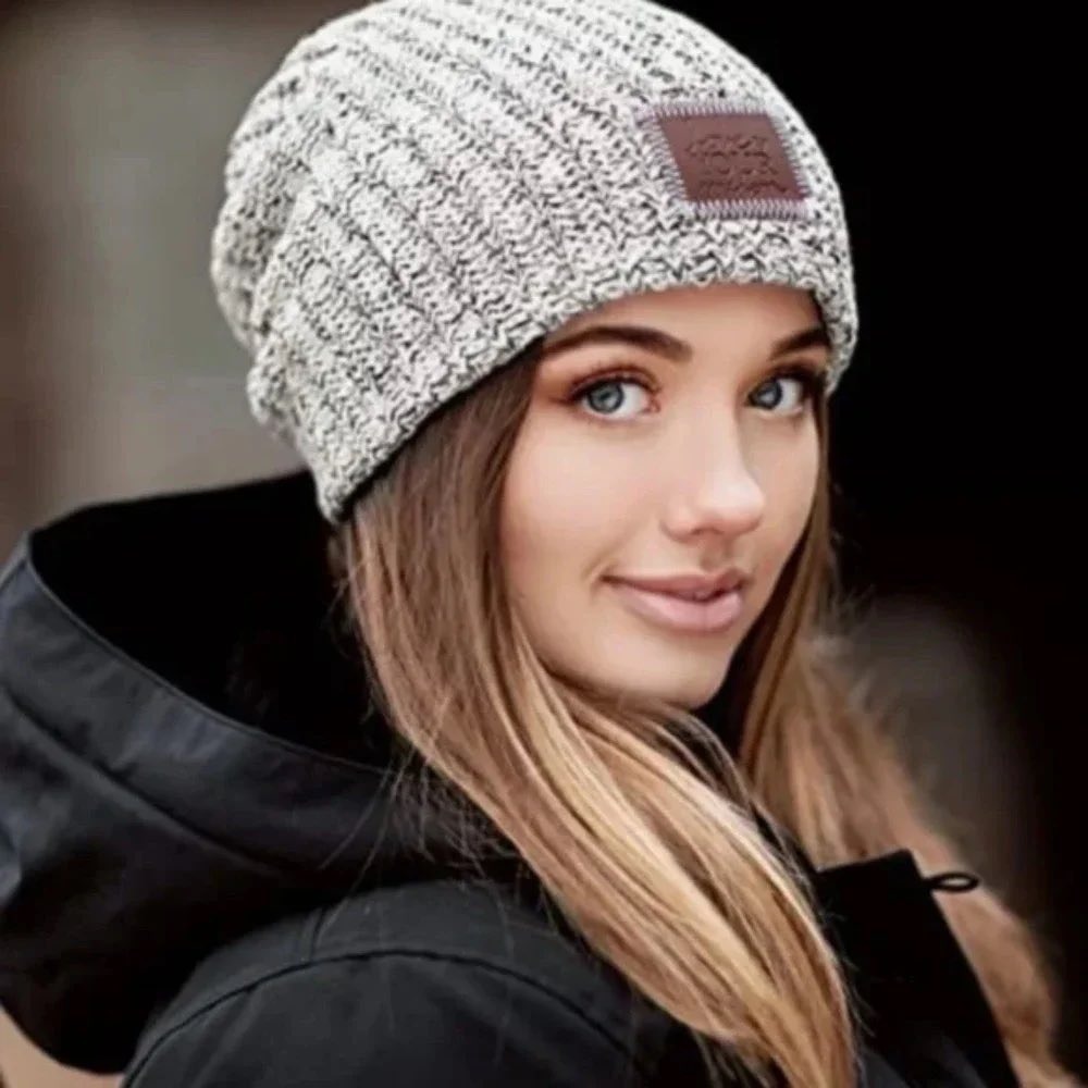 Love Your Melon Beanie Womens OS Black White Speckled Marl Ribbed Knit Patch Hat